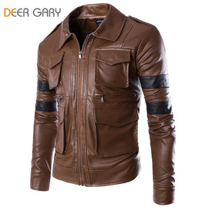 2016 New Men Brand Fashion England Style Leather Jacket Men Coat Multi-pocket Design Men Zipper Motorcycle Jacket Solid Coat