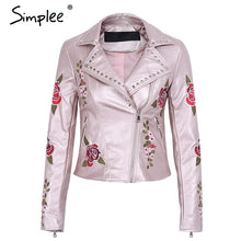 Simplee PU basic jacket coat faux leather coat Casual embroidery floral outerwear & coats Streetwear zipper leather jackat women
