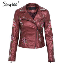 Simplee PU basic jacket coat faux leather coat Casual embroidery floral outerwear & coats Streetwear zipper leather jackat women