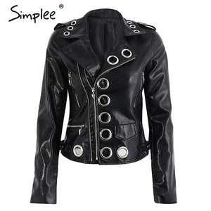 Simplee Zipper black PU leather coat jacket women Eyelet moto jacket  zipper 2017 Fashion basic winter jacket women outwear coat