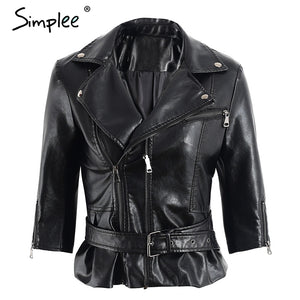 Simplee Zipper black PU faux leather coat jacket women Fashion basic  jacket women outwear coat Pocket  2017 winter moto jacket