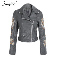 Simplee Embroidery coat jacket women Zipper black PU leather moto jacket  Fsahion 2017 basic winter jacket women outwear coat