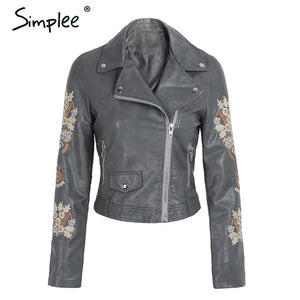 Simplee Embroidery coat jacket women Zipper black PU leather moto jacket  Fsahion 2017 basic winter jacket women outwear coat