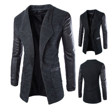 New Winter Fashion 2015 Leather Sleeve Long Wool Men Coat Hot Casual Slim Fit Men Jacket Coat Patchwork Solid Long Men Outwear