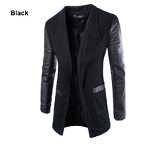 New Winter Fashion 2015 Leather Sleeve Long Wool Men Coat Hot Casual Slim Fit Men Jacket Coat Patchwork Solid Long Men Outwear