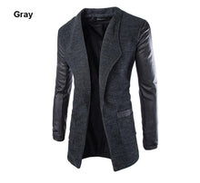 New Winter Fashion 2015 Leather Sleeve Long Wool Men Coat Hot Casual Slim Fit Men Jacket Coat Patchwork Solid Long Men Outwear